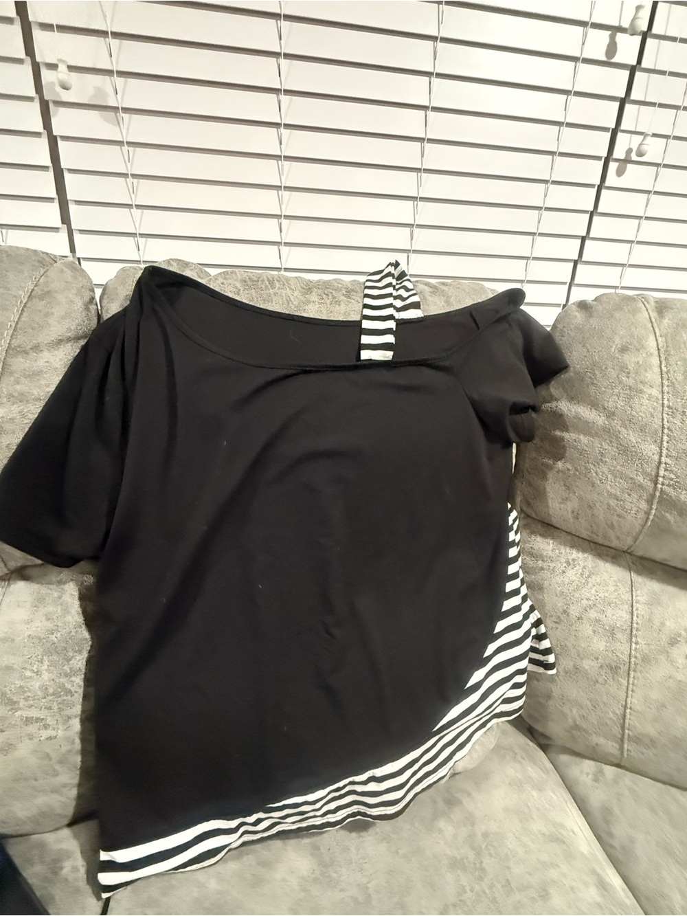 SHEIN Black Short Sleeve Off-Shoulder Top with Black & White Striped Trim